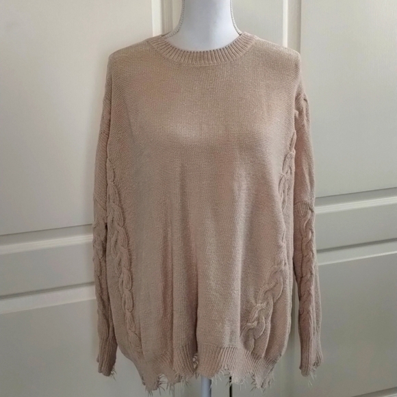 Easel women's size Large oversized chenille tan sweater distressed cable knit - Picture 1 of 12